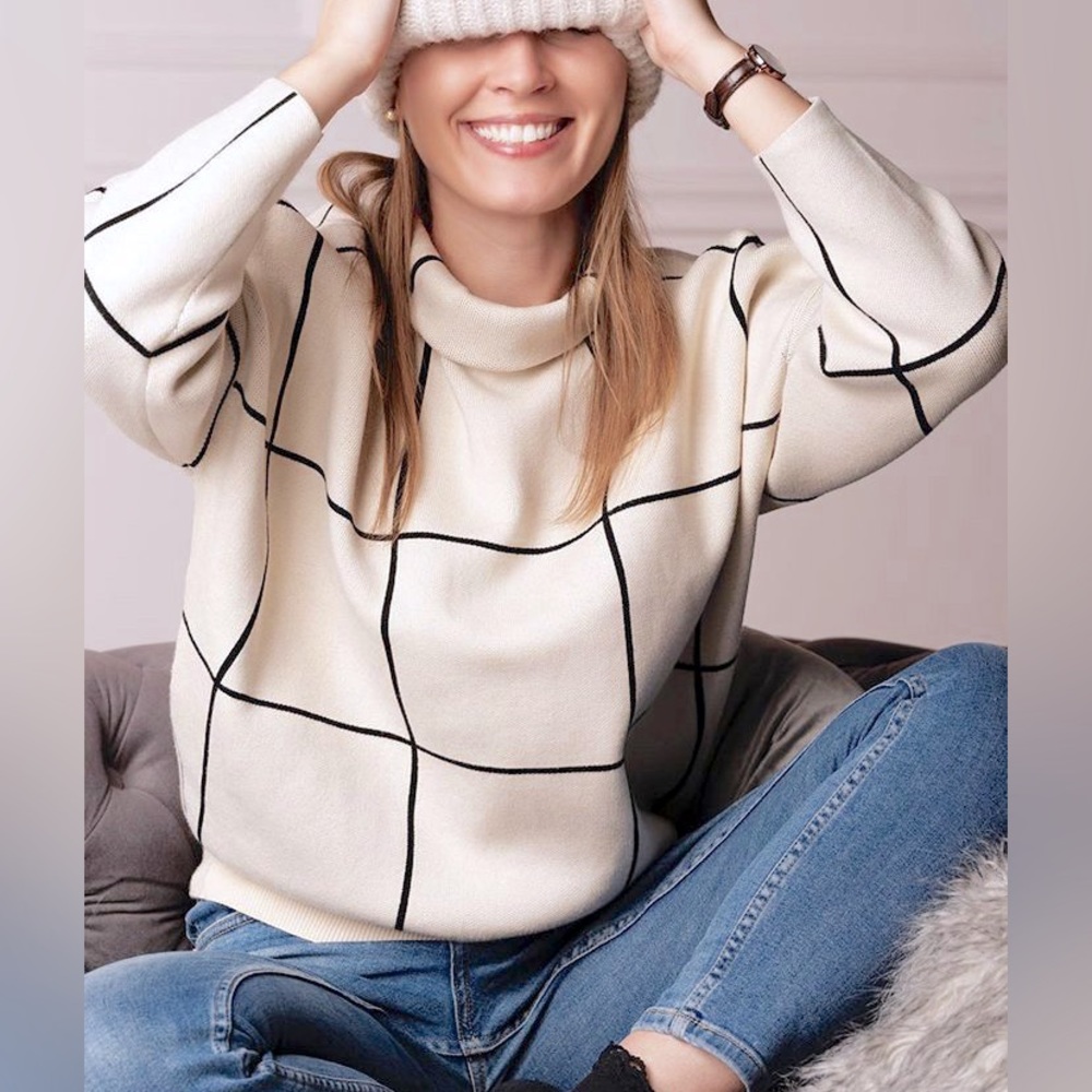 Chic Wish Drop Shoulder Wool Mock Neck Sweater Grid Turtleneck Windowpane